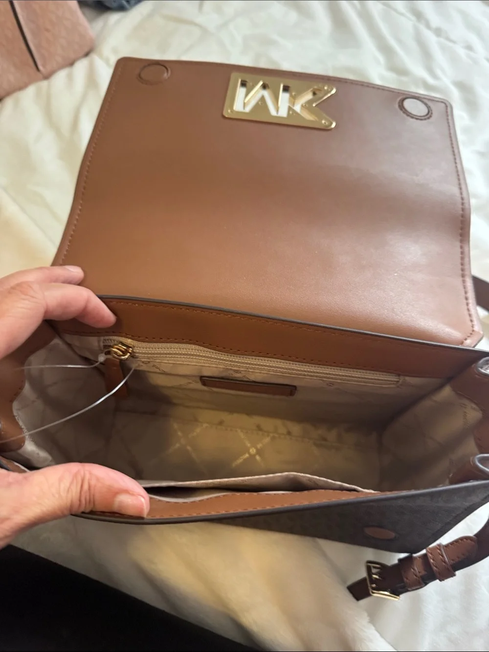 Michael Kors Dark Brown MK Monogram Messenger Bag with Gold Logo